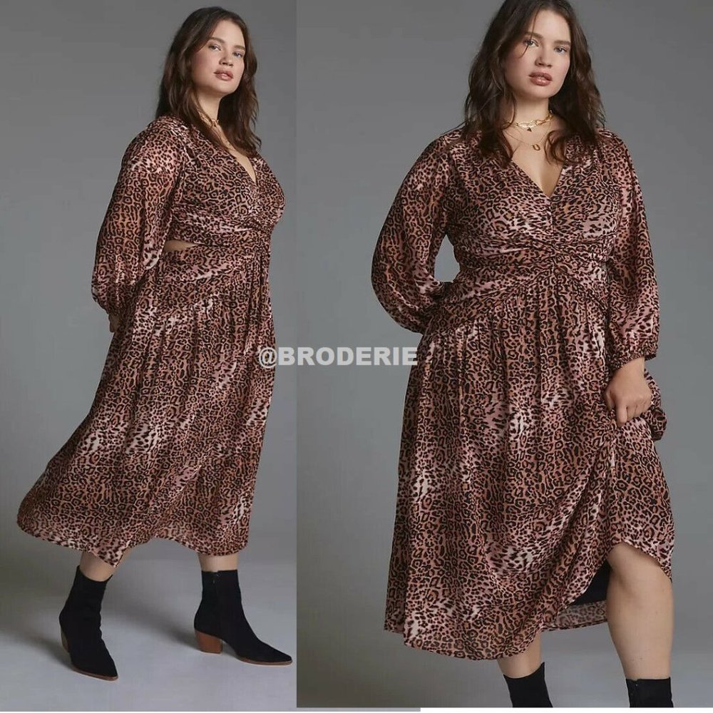 Anthropologie Brown Leopard Print Midi Dress
